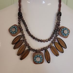 Anthropologie wooden turquoise brown beaded necklace
